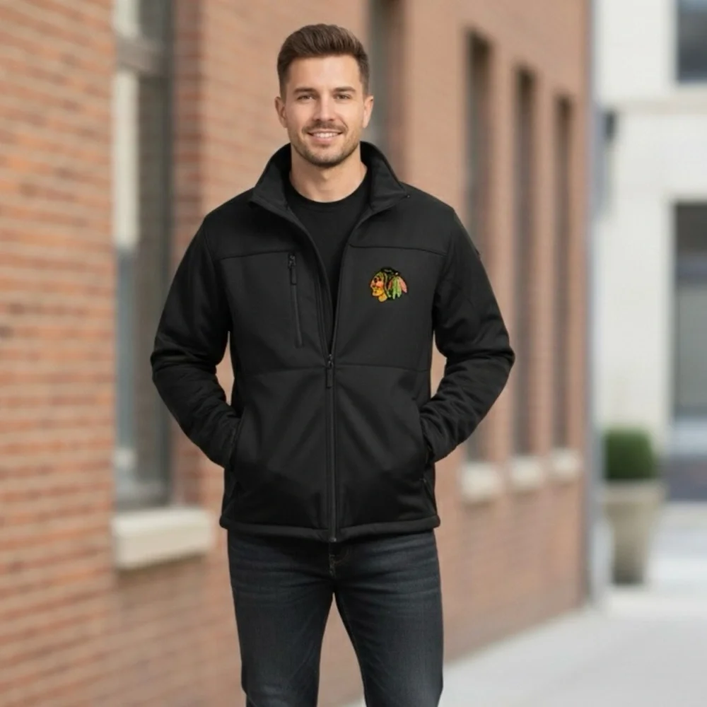 Chicago NHL Blackhawks men’s soft shell fleece lined black zip jacket Sz L